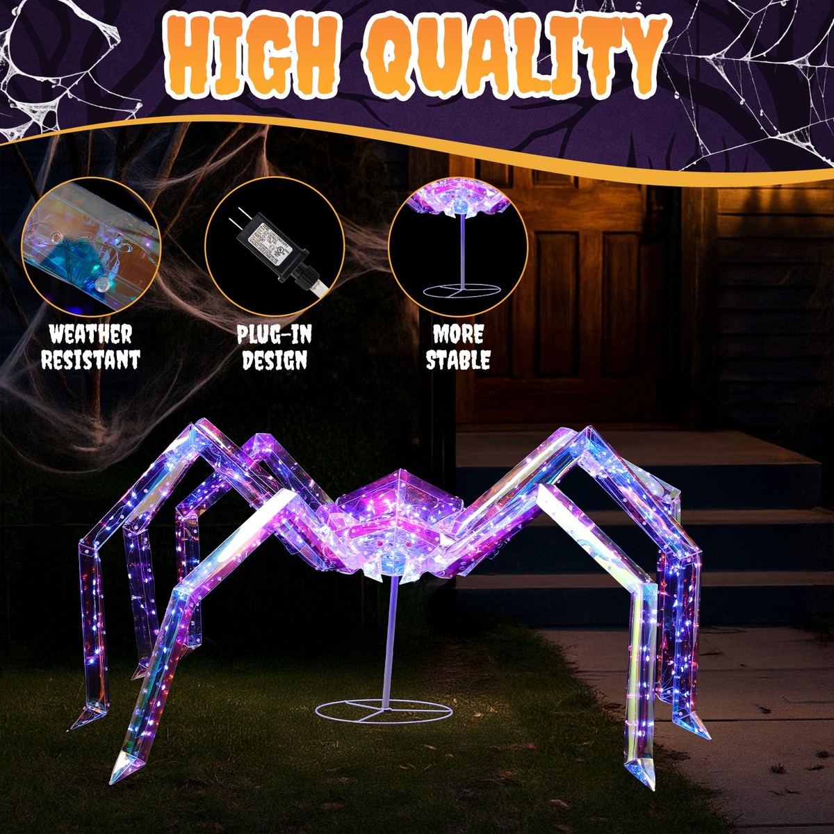 Halloween 3 FT Outdoor 340 LEDs Lights Up Iridescent Spider