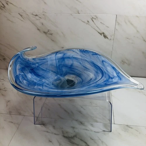VTG Lavorazione Arte Murano Hand Blown Blue Swirl Centerpiece Glass Bowl 15"x11"