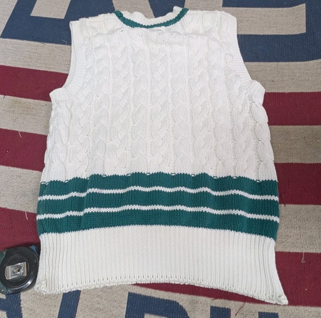 Vintage 90S Cable Knit Adidas Tennis Sweater Vest L White/Green image 2