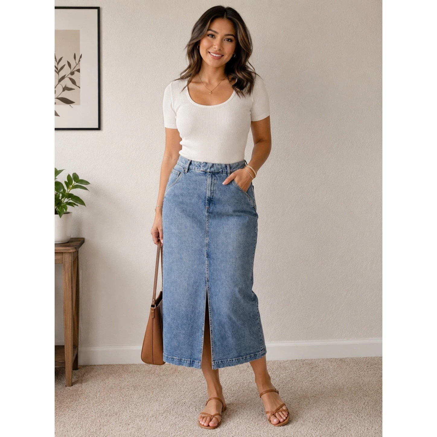 NWT LOFT Denim Midi Skirt Womens 16 Blue Stretch Pencil Straight Front Slit