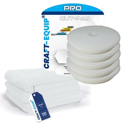 8er Pack Craft-Equip PRO 125mm DA Polierschwämme CUT WEISS + Microfasertücher