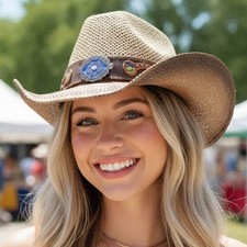 Women's Two Tone Straw Hat Flower Boho Cowboy Cowgirl Rodeo