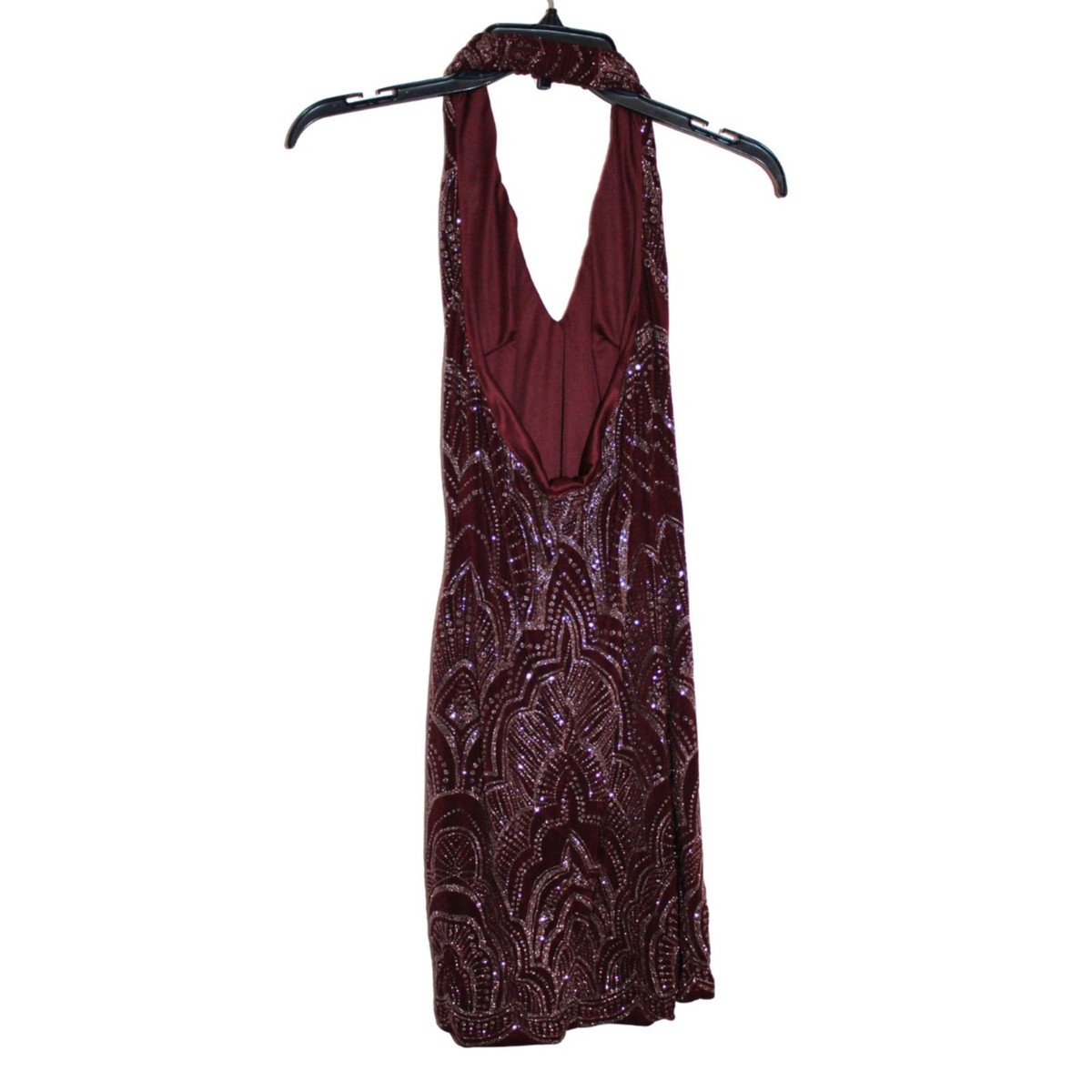 Burgundy Sparkling Halter Bodycon Mini Dress View 3
