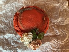 1950  s Vintage Orange Straw Hat with Floral Netting and Decorative Flowers