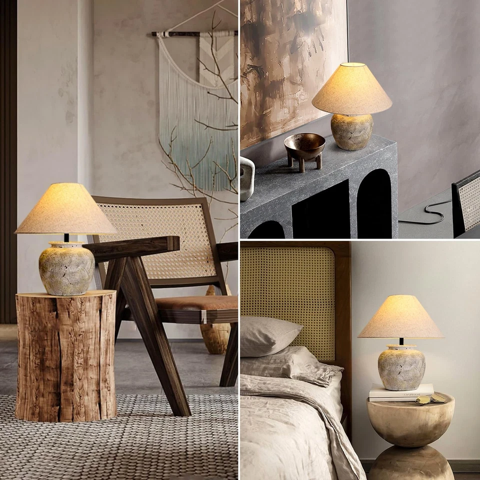 Lámpara de mesa de granja Lámparas de cerámica blanca Olla de arcilla rústica con pantalla de tela De... Foto 4 de 4