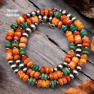 22" Spiny Oyster Turquoise Sterling Navajo Pearl Necklace Southwest Boho Squash
