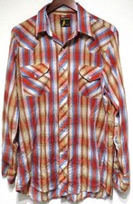 vtg Sears RED BLUE BROWN PLAID  METALLIC Western Shirt LARGE 70s/80s Snap