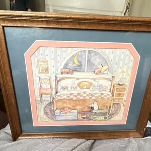 Framed Nursery Wall Art Print Bears Bedroom Scene Illustration, Multicolor