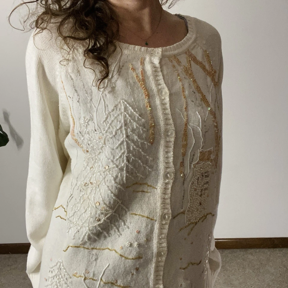 VINTAGE WISH FOR JOY 2XL Beaded Winter Christmas Cardigan Beige Y2K Cabincore - Image 2 of 4