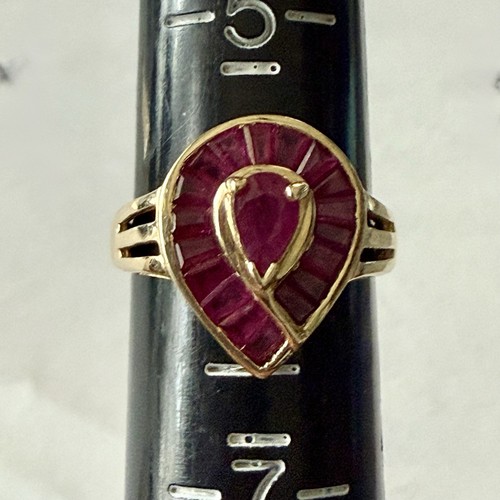 VTG Solid 14K Yellow Gold Ruby Teardrop Ring 19 Genuine Rubies Signed BCAS 4g - Picture 11 of 11