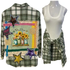 Flannel Shirt Shacket Womens XL Christian Grunge Patchwork Folk Art Upcycled
