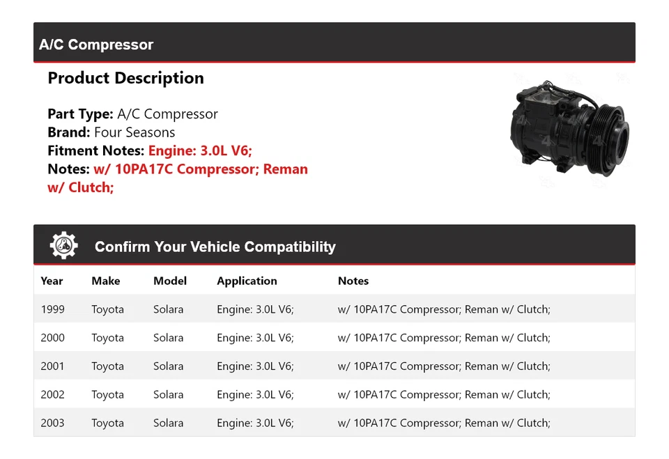 Compresor de aire acondicionado para Toyota Solara 1999-2003 3,0 L V6 4 estaciones 2000 2001 2002 Foto 2 de 4