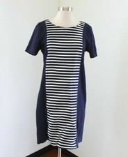 J Crew Striped Knit Shift Dress Size 6 Navy Blue Cream Short Sleeve A3446