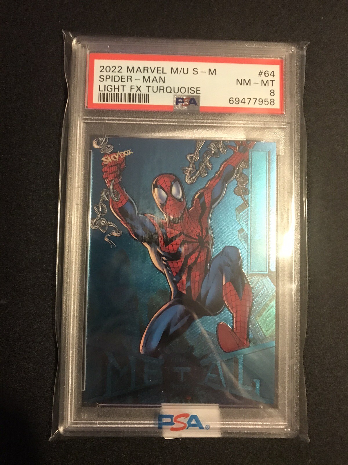 2022 Marvel Metal Spider-Man Light FX Turquoise 21/50 Spider-Man #64 PSA 8