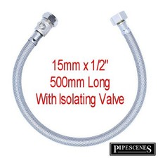 15mm x 1/2" Long Flexible Tap Tail Connector 500mm Long 50cm with Built In Valve
