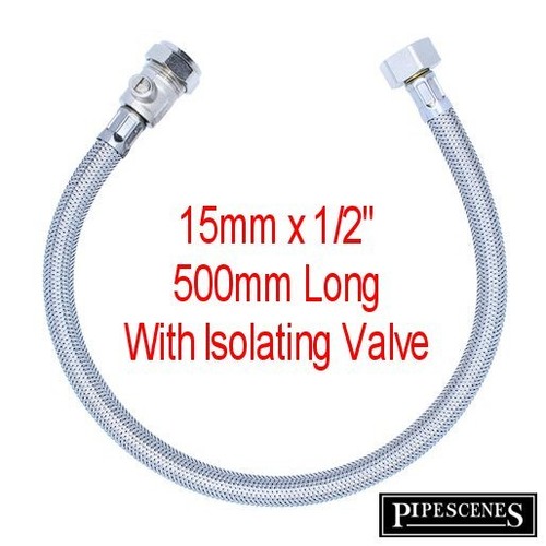 15mm x 1/2" Long Flexible Tap Tail Connector 500mm Long 50cm with Built