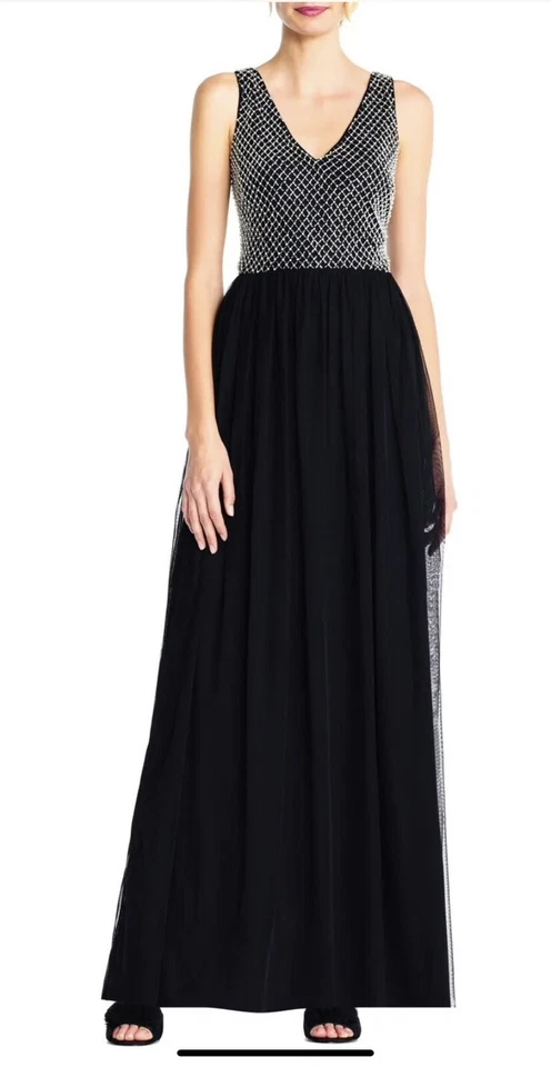 NUEVO CON ETIQUETAS BHLDN Vestido Adrianna Papell Bryce Talla 2 Azul Marino Tul Maxi Vestido Cuentas $228 Foto 3 de 4