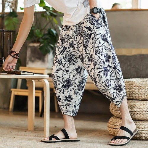 Lockere wadenlange Freizeithose Herren weites Bein Baumwolle Leinen Druck Hose - Bild 11 von 30