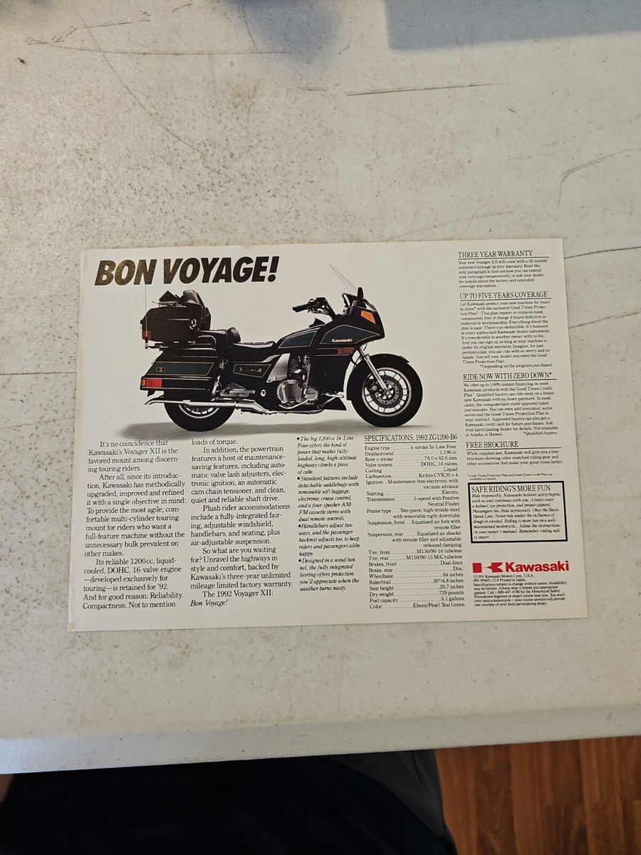 1992 Kawasaki Voyager XII Motorcycle Sales Brochure Data Sheet