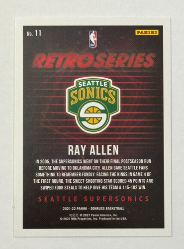 2021-22 Panini Donruss Retro Series #11 Ray Allen Seattle Supersonics - Picture 2 of 2