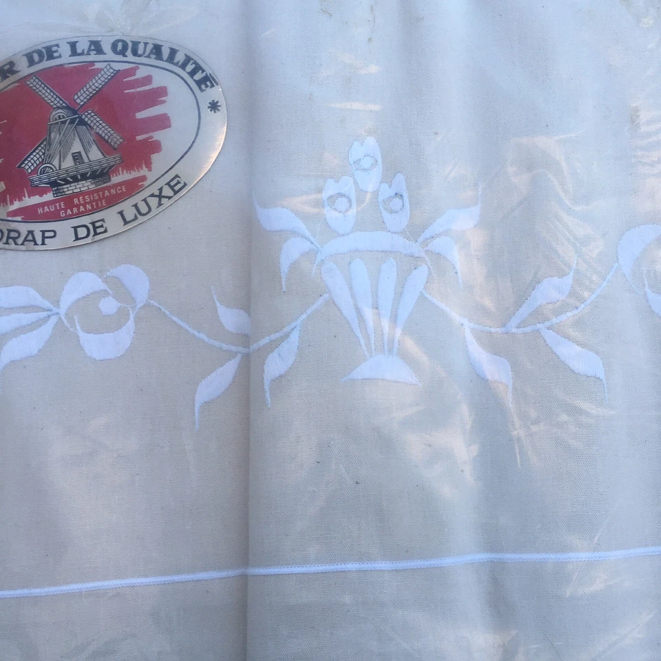 Drap Vintage Neuf Coton Brodé 220x300 - Photo 4/4