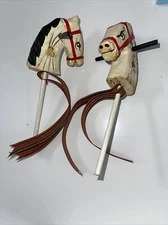 2 Vintage Wood Stick Horse Pony Toys 8” Primitive Hand Carved Hand Painted