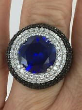 Gorgeous 12 CT Lab Created Sapphire, Black  Clear CZ 925 Silver Ring Size 8