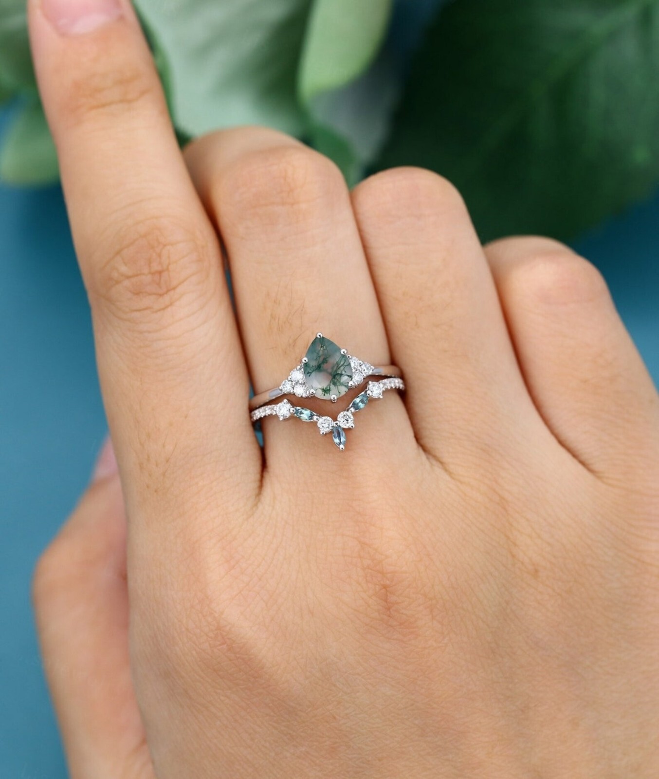 Vintage Wedding Set 14k White Gold Over Pear Moss Agate Stacking