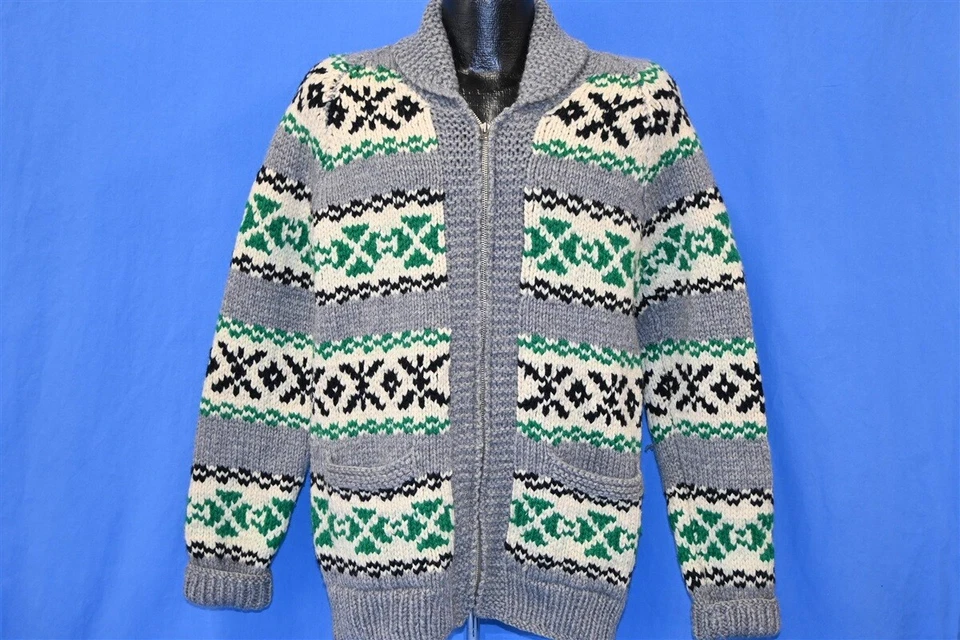 Suéter vintage años 60 COWICHAN PATRÓN GEOMÉTRICO BOLSILLOS DELANTEROS CHAL CUELLO CREMALLERA M Foto 2 de 3