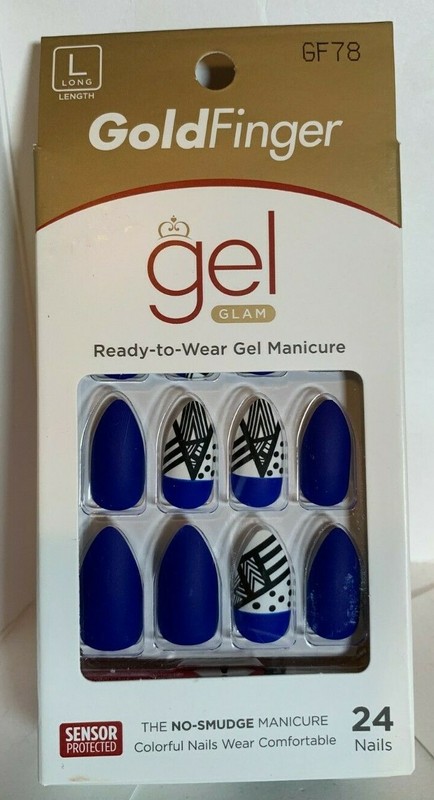 LOT of 3  Gold Finger Nails Manicure Long Blue with black & white accents almond