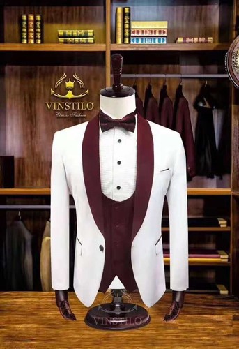 3 Piece Men White Suit Burgundy Lapel 