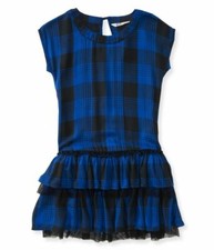 PS Aeropostale Girls Plaid Drop-Waist Tiered Ruffled Dress Blue Black Sz 10 NWT