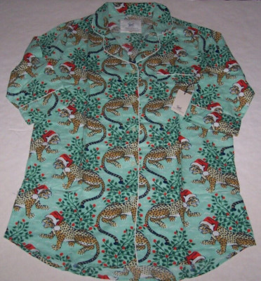 NWT Printfresh MINT GREEN Holly Jolly Bagheera SANTA LEOPARD Sleepshirt L Xmas