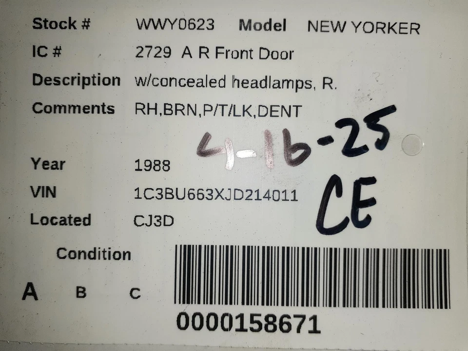 Used Front Right Door fits: 1988 Chrysler New yorker (fwd) electric Front Right - Image 4 of 4