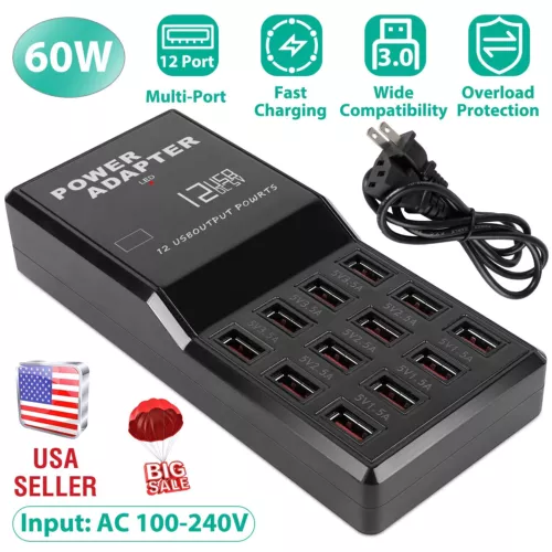 12 Port USB Charging Station Hub Desktop Wall Cell Phone Charger Organizer Tool
