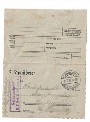 7092-1916 Field Post Letter R.F. Col. 27 IX.Res. K. n. Neuenfelde
