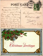 Holiday Holly Bells Postcard NYC 1910