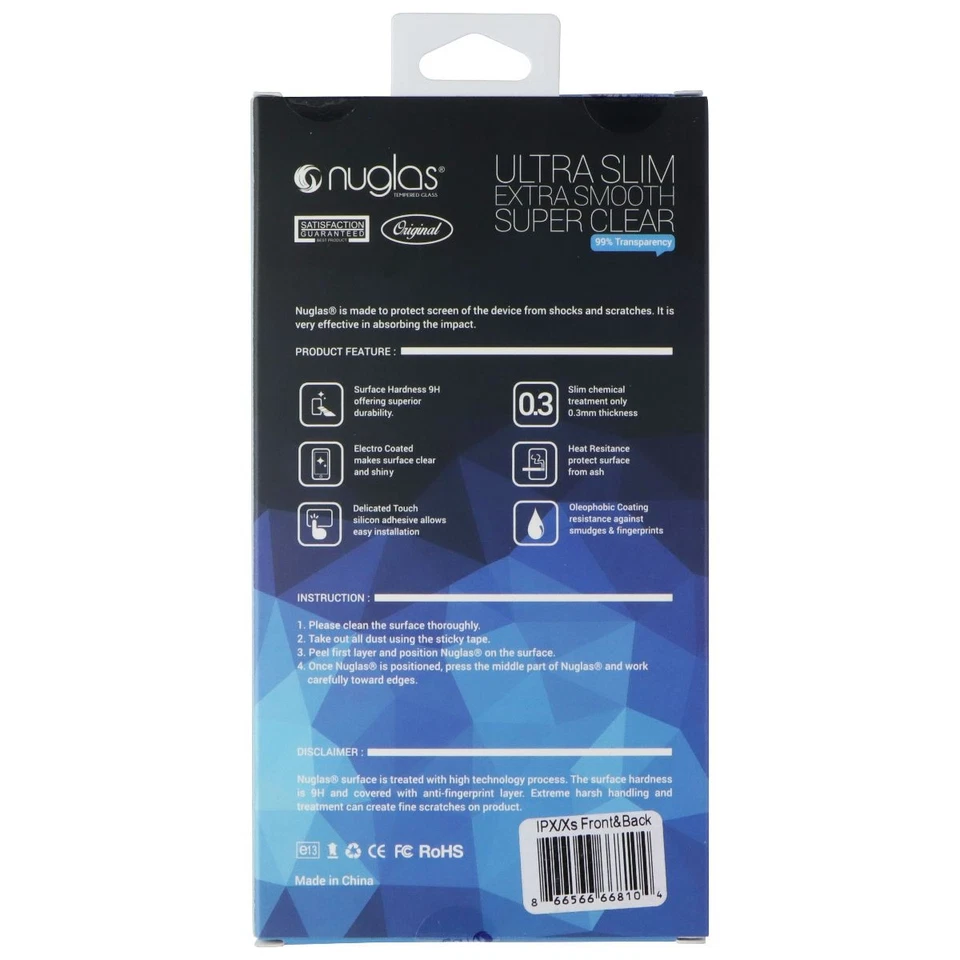 Nuglas Crystal Clear Tempered Glass (Front + Back) for Apple iPhone X/XS - Clear - Image 2 of 2