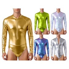 Sexy Mens Metallic Shiny Bodysuit Elasticity Bodycon Gym Leotard Party Club Wear