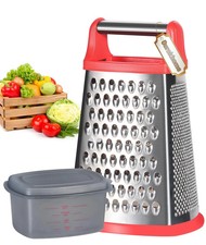 Cheese Grater Box 4 Side Stainless Steel Shredder Zester with Container Red