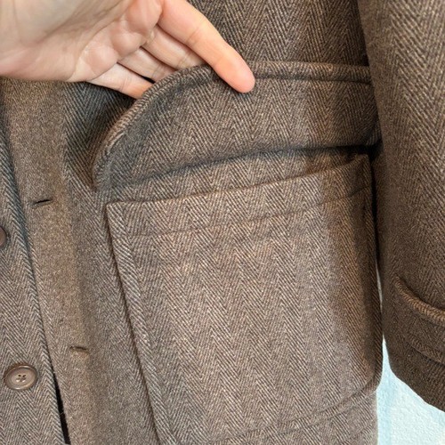 J. Crew Mens Size Medium Herringbone Brown Wool Coat Patch Pockets Vintage - Picture 5 of 8