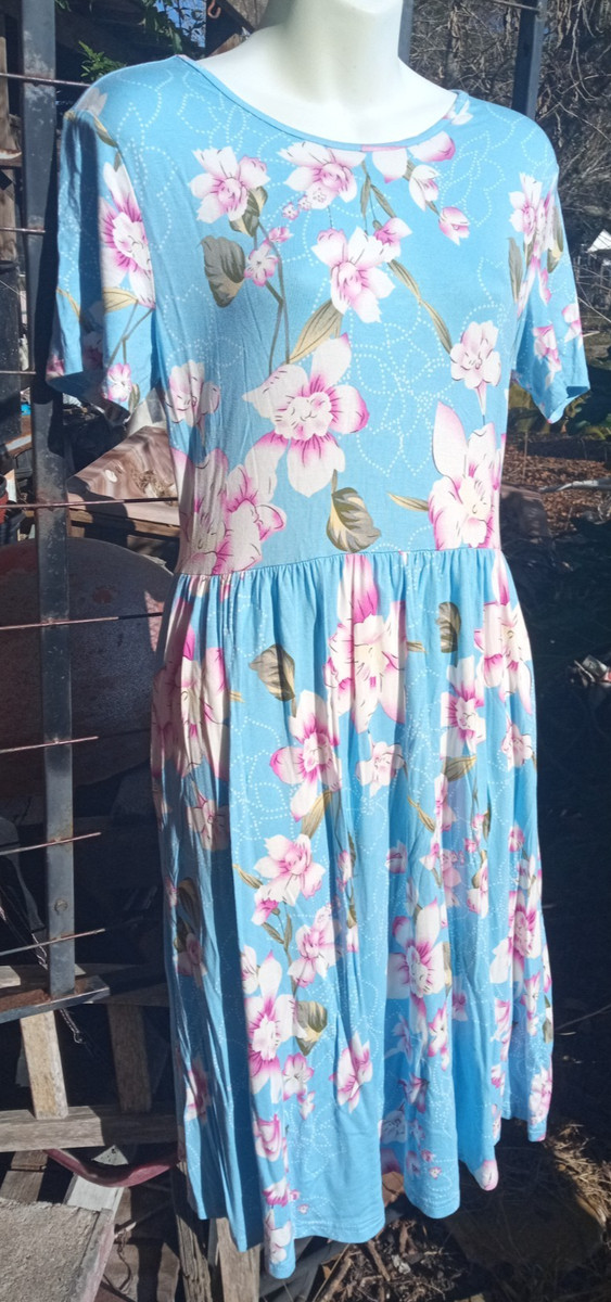 M DB Moon Short Sleeve Light Blue Floral Long Maxi Dress Spring Summer Leaves