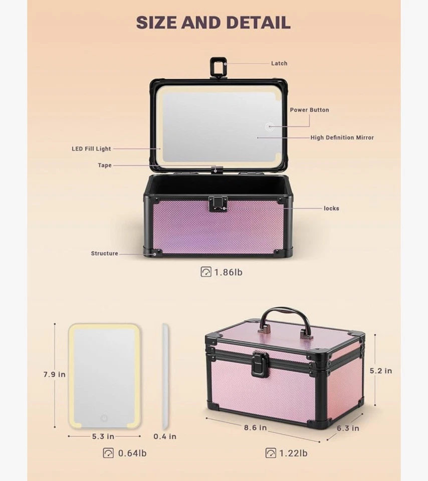 Caja de Maquillaje Qislee Mini con Espejo Iluminado Desmontable, Estuche Pequeño Impermeable Foto 2 de 4