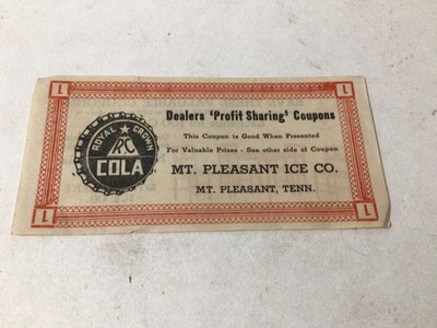 Mt. Pleasant Ice Co. Mt. Pleasant Tenn. Dealers 'Profit Sharing' Coupon Nehi RC