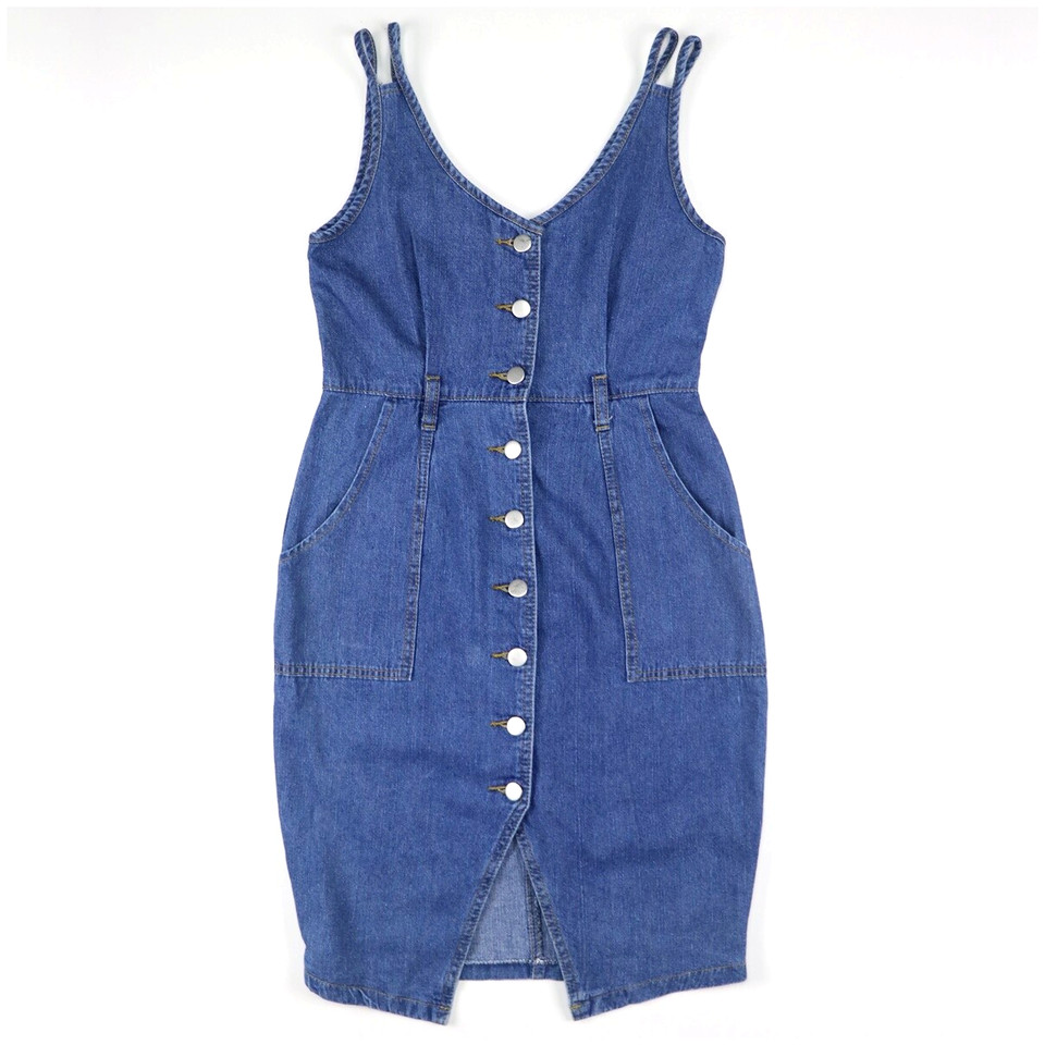 Blue Denim Bodycon Dress Vneck Button Front Sleeveless Pockets Size 8 Stylish