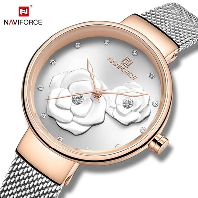NAVIFORCE Women Rose Gold Mesh Band Quartz Watch Luxury Flower Fashion Dial