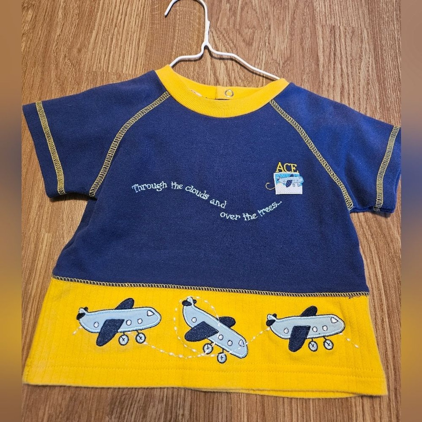 Y2K Vintage Okie Dokie Blue and Yellow Baby Top With Airplanes size 6 to 9 month image 2