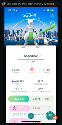 Pokémon GO Mewtwo Screenshot Android CP2344 Candy XL & Mega Energy