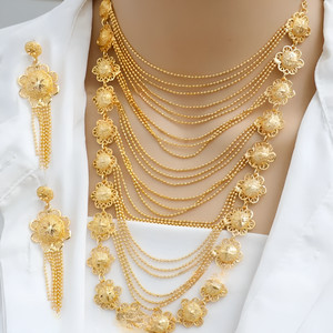 Authentic Gold Plated Bridal Jewelry Set | Multi-Layered Flower Necklace & Dangle Earrings