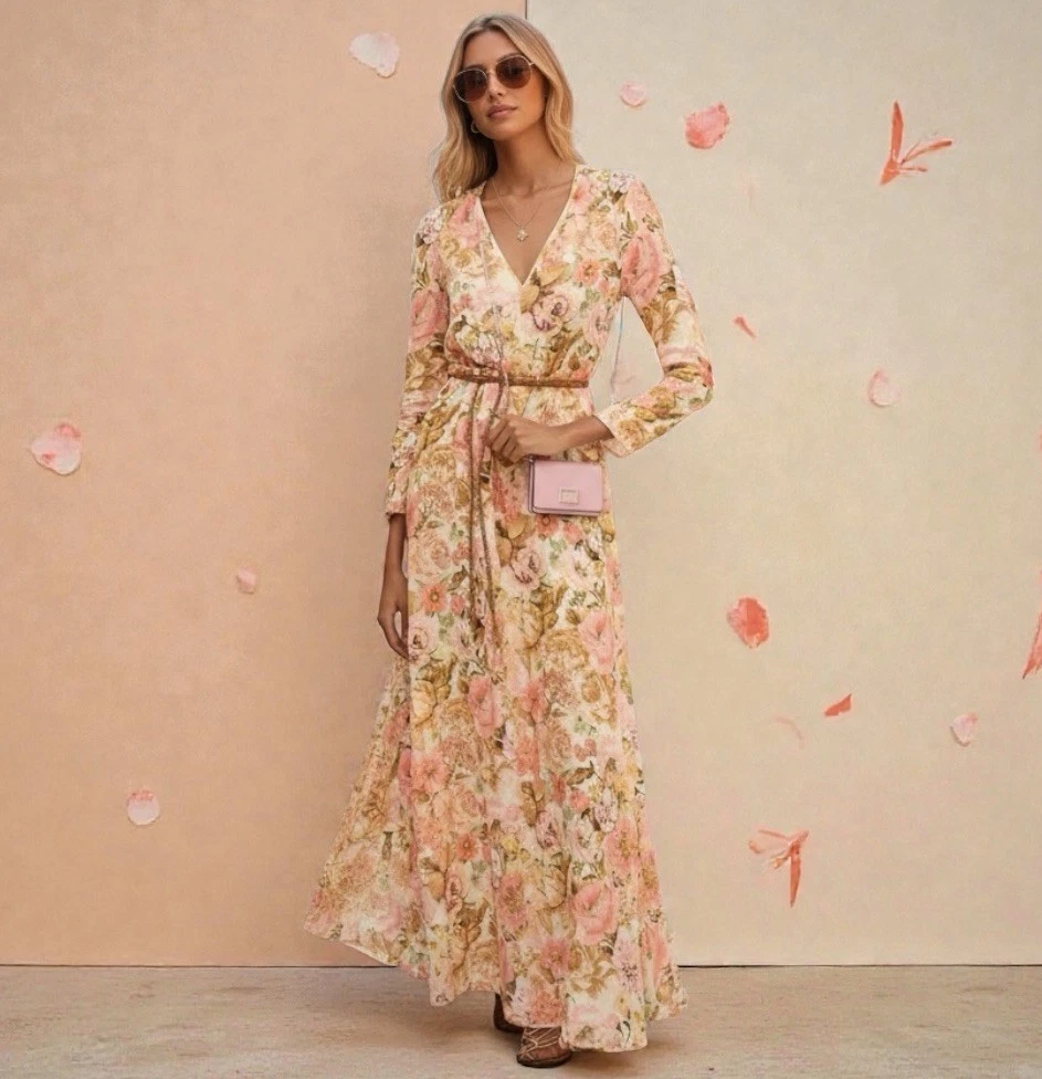 ミミ Women's Linen Blend A-Line Maxi Dress – Long Sleeve, Pleated